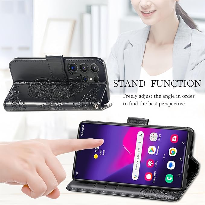 for Samsung Galaxy S25 Ultra Case Wallet PU Leather Credit Card Holder Full Body Cute Butterfly Design with Wrist Strap Soft TPU Bumper Full Body Protective Phone Case for Girls Women Black