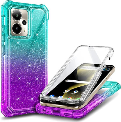 for Cricket Outlast 5G 2024 Case, AT&T Motivate Pro 5G with [Built-in Screen Protector], [9FT Military Grade Drop Tested] Full-Body Protective Shockproof Bumper Case (Glitter Aqua/Purple)