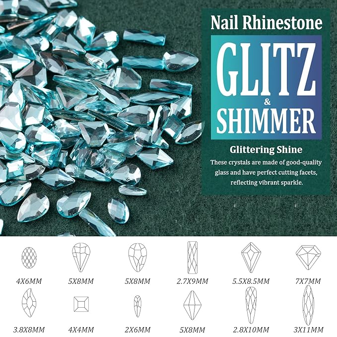 Multi Shapes Lake Blue 3D Glass Crystal Nail Art Rhinestones Kit with Flatback Round Bead Charm Gem Stone Jewelry Diamond with Pickup Pen + Tweezer for Manicure Makeup DIY Craft Decoration