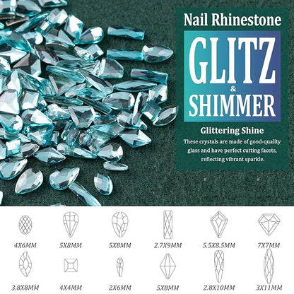 Multi Shapes Lake Blue 3D Glass Crystal Nail Art Rhinestones Kit with Flatback Round Bead Charm Gem Stone Jewelry Diamond with Pickup Pen + Tweezer for Manicure Makeup DIY Craft Decoration