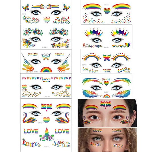 10 Sheets Pride Day Face Fake Tattoos Rainbow Temporary Tattoos Adult Rainbow Heart Butterfly Flower Feather Swan Colorful Tattoo Kit Gay LGBTQ Pride Day Parade Party Eye Makeup Face Decor Supplies