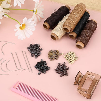 2500 Pcs Hair Extensions Micro Rings Links Beads and 5 Rolls Extensions Sewing Thread and 10 Pieces C/J/I Needles Kit for Human Hair Hand Sewing Wig DIY Craft