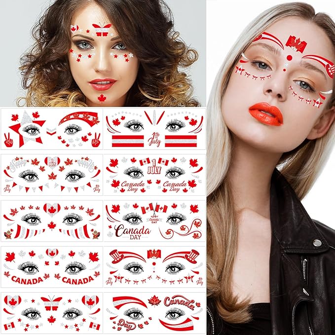 10 Sheets 4th of July Flag Temporary Tattoos Stickers Face Eye Body Makeup Red Maple Leaf Star Hat Heart Butterfly Patriotic Party Decor Supplies