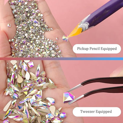 Multi Shapes 3D Glass AB Crystal Nail Art Rhinestones Kit with Flatback Round Bead Charm Gem Stone Jewelry Diamond with Pickup Pen + Tweezer for Manicure Craft Decoration by BELLEBOOST (Iridescent)
