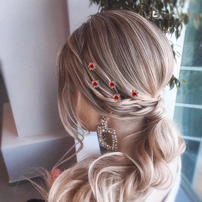 20 Pack (Red) Crystal Hair Pins Rose Flower Rhinestone Hair Clips for Bridal Wedding Women Hair Jewelry Accessories, with Clear Container