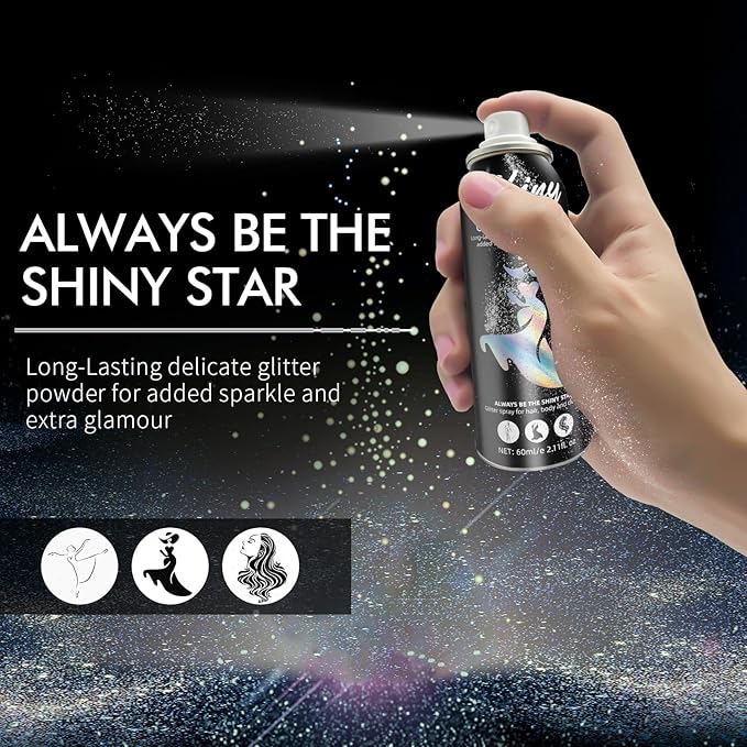 Body Glitter, Body Glitter Spray, Glitter Spray for Hair and Body, Long-Lasting and Quick-Drying Silver Glitter Hairspray Suitable for Stage, Festival Rave and Makeup Prom (2.11 Fl Oz)