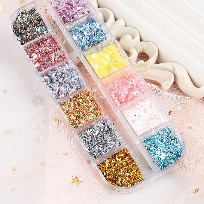 12 Colors Glitter Nail Art Sequins, Holographic Irregular Iridescent Shiny Nail Flakes Decorations 3D Ultra-Thin Powder Nail Art Design for Women Manicure Sparkly Acrylic Supplies, Resin Nail Art Tips