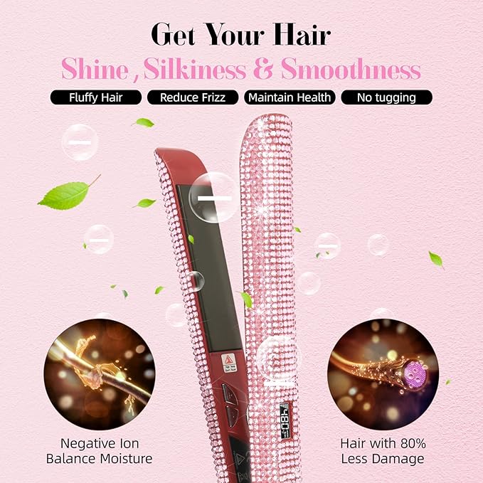 DORISILK 480°F High Temp Titanium Flat Iron, Pink Hair Straightener and Curler 2 in 1 Bedazzled Rhinestone Crystal Bling Straightening Curling Flattening Iron 30s Fast Heat Dual Voltage 1" Soft Pink