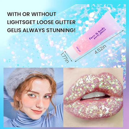 DAGEDA Body Glitter Gel, Face Glitters Body Gel Sequins Shimmer Liquid Eyeshadow, Chunky Glitter for Face Hair Nails, Holographic Cosmetic Laser Powder Festival Glitter Makeup 1.7oz (Light Pink)