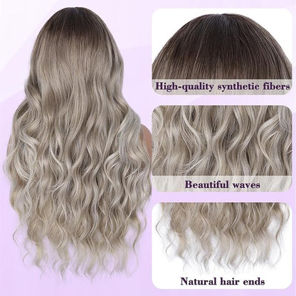 NAYOO Long Ombre Dirty Blonde Wavy Wig for Women 26 Inch Middle Part Lace Hairline Curly Wavy Wig Natural Looking Synthetic Heat Resistant Fiber Wig for Daily Party Use
