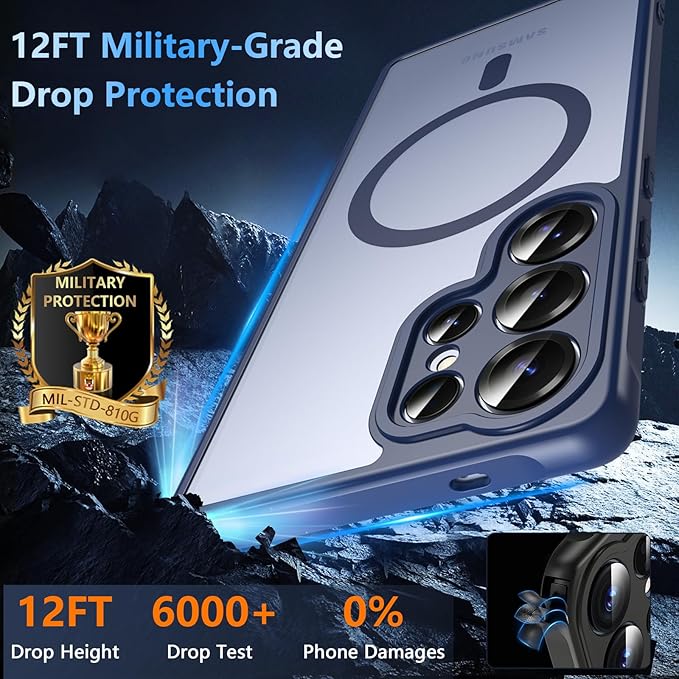 OWKEY Galaxy S25 Ultra Case 6.86'',Magnetic S25 Ultra Case for Magsafe with Tempered Glass Screen, [Shockproof Military] Transparent Back Slim Bumper Cover Phone Case Galaxy S25 Ultra, Blue