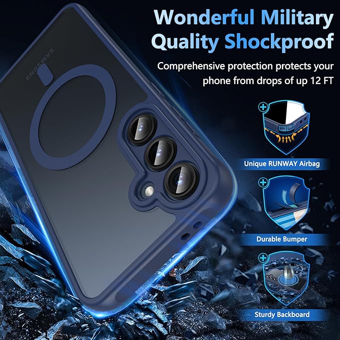 OWKEY for Samsung Galaxy S24 FE Case 6.7'', Magnetic Galaxy S24 FE Case for Magsafe with Tempered Screen Protector [Shockproof Military] Translucent Matte Bumper Phone Cover Samsung S24 FE 5G, Blue