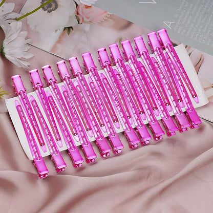 24 Packs Duck Bill Clips, Bantoye 3.35 Inches Rustproof Metal Alligator Curl Clips with Holes for Hair Styling, Hair Coloring, Bright Pink