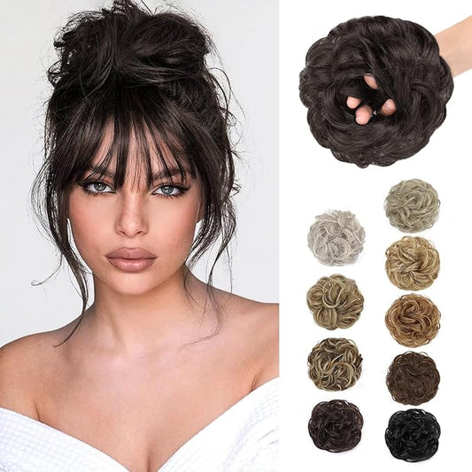 MORICA 1PCS Messy Hair Bun Hair Scrunchies Extension Curly Wavy Messy Bun Hair Synthetic Chignon Hairpieces for Women(4#(Darkest Brown Tend to Black))