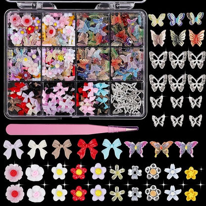 3D Butterfly Flower Nail Charms Acrylic Colorful Flowers Nail Charms with Starry AB Crystals Rhinestones Multi Sizes Pearls 2 Piece Set