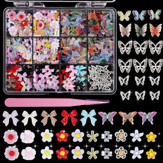 3D Butterfly Flower Nail Charms Acrylic Colorful Flowers Nail Charms with Starry AB Crystals Rhinestones Multi Sizes Pearls 2 Piece Set