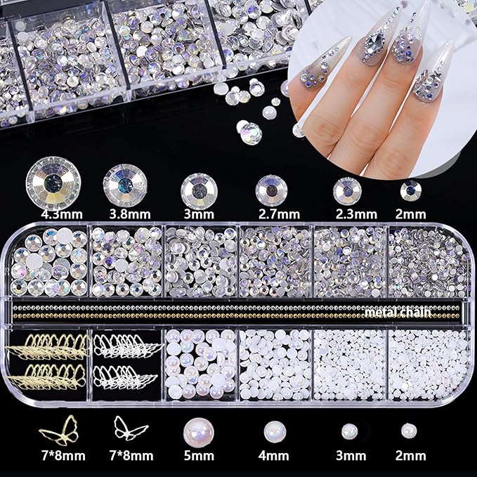 3D Mix-sized Acrylic White Flowers Nail Charms Polar Butterfly Bear Spring Blossom Flower with Starry AB Crystals Rhinestones Pearls Mix Gold for Art DIY Crafting Designs