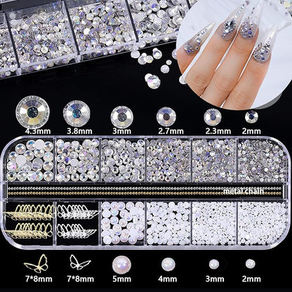 3D Mix-sized Acrylic White Flowers Nail Charms Polar Butterfly Bear Spring Blossom Flower with Starry AB Crystals Rhinestones Pearls Mix Gold for Art DIY Crafting Designs