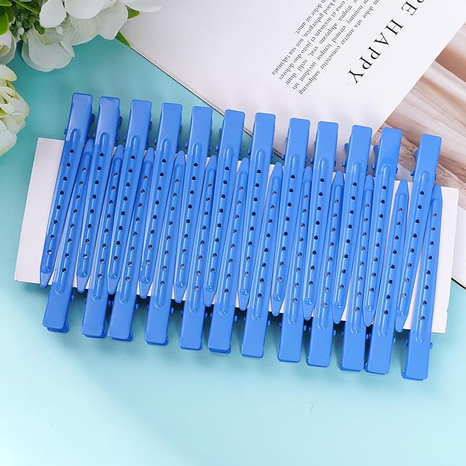 24 Packs Duck Bill Clips, Bantoye 3.35 Inches Rustproof Metal Alligator Curl Clips with Holes for Hair Styling, Hair Coloring, Dark Blue