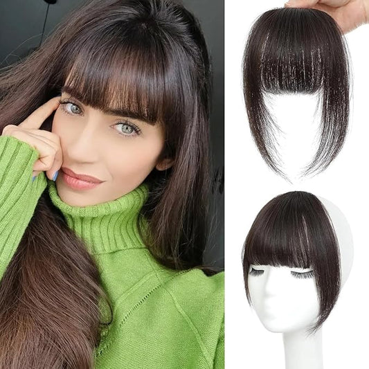 NAYOO Bangs Hair Clip - Dark Brown Fake Bangs 100% Real Human Hair Extensions French Bangs for Women Fringe with Temples Hairpieces Curved Bangs for Daily Wear（Dark Brown， Fake Bangs）