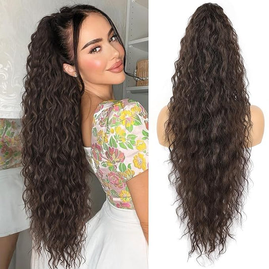 ORSUNCER Dark Brown Ponytail Extension Claw 30" Curly Pony Tail Clip in Claw Hair Extensions Fluffy Natural Looking Synthetic Hairpiece for Women…