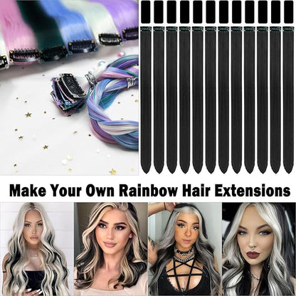 12 PCS Black Hair Extensions Clip in, 22 Inch Colored Hair Extensions Party Highlights Long Straight Synthetic Hairpieces for Women Kids Girls