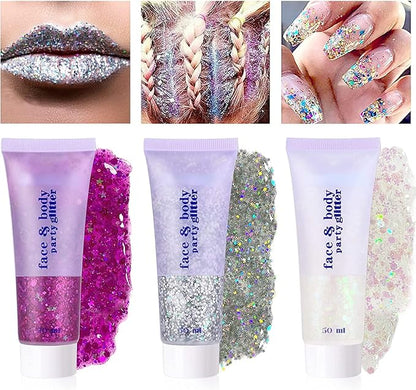 2 Color Body Glitter Gel, Neon Outfit Glow Party for Face and Body Hair Face Nail Glitter Stick Highlighter Makeup. (01-Blue&04-Rose)