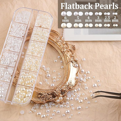 Nail Art Rhinestones Kit with Flatback Crystal (AB&Clear + Clear) Gems, (White & Beige) Half Pearls with Dotting Tools, Nail Rhinestones Jewels for Manicure Makeup