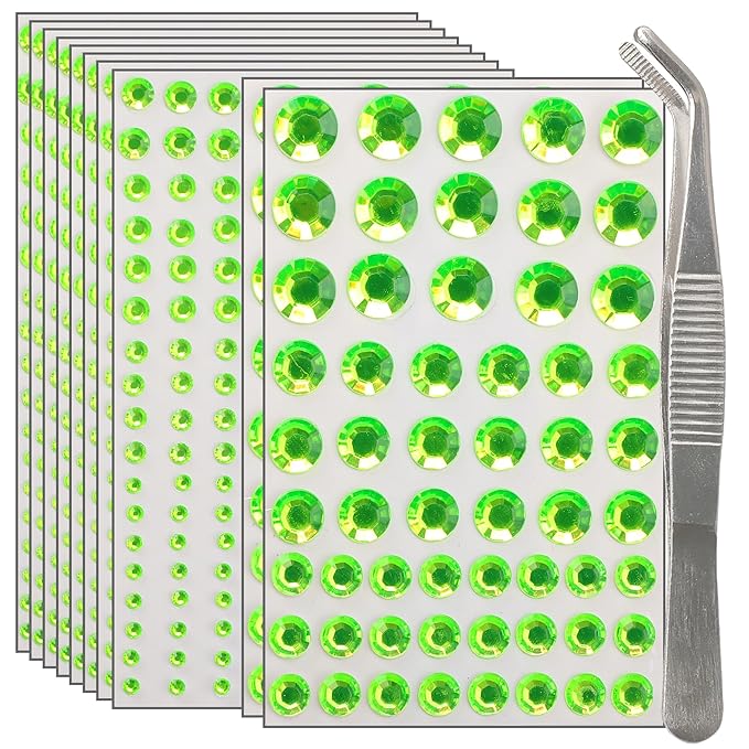 NIACONN 1760 Pcs Green Hair Jewels Face Gems Stick on, Self Adhesive Glitter Rhinestones Stickers for Women Body Eyes Nails Festival Halloween Makeup & Crafts