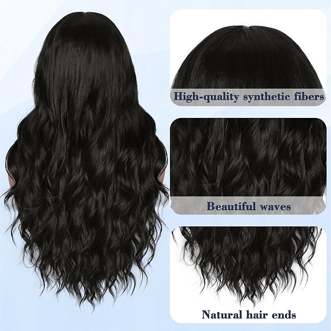 NAYOO Long Black Wavy Wig for Women 26 Inch Middle Part Lace Hairline Curly Wavy Wig Natural Looking Synthetic Heat Resistant Fiber for Daily Party Use