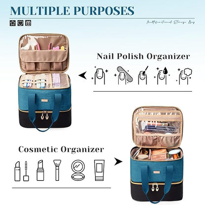 Nail Polish Organizer - Double Layer Storage Box Holds 42 Bottles & Nail Tech Kit Supplies, Large Capacity Case Carrying Bag