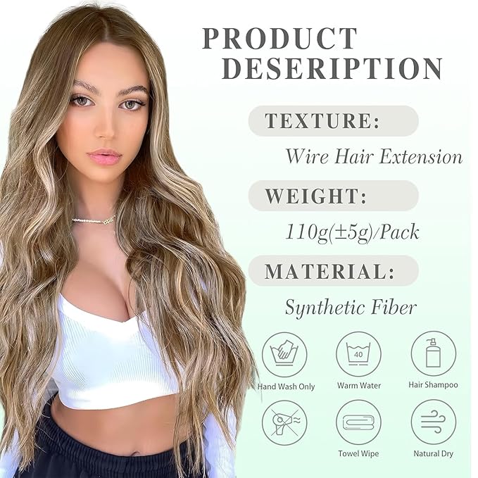 MORICA Halo Hair Extensions 20 Inch Light Brown Mix Ash Blonde Invisible Wire Hair Extensions,Long Wavy Synthetic Hairpiece with Transparent Wire Adjustable Size, 4 Secure Clips for Women