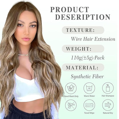 MORICA Halo Hair Extensions 20 Inch Light Brown Mix Ash Blonde Invisible Wire Hair Extensions,Long Wavy Synthetic Hairpiece with Transparent Wire Adjustable Size, 4 Secure Clips for Women