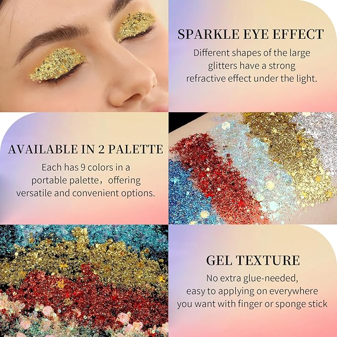 FANDAMEI Face Glitter, 2 Gel Palette 18 Grids, Body Hair Glitter for Kids Women for Makeup, Halloween Rave Concert Face Paint Glitter