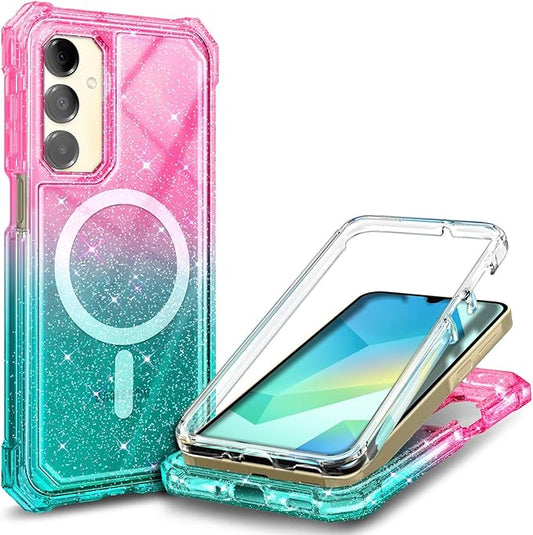 Designed for Samsung Galaxy A16 5G/4G Phone Case, Magnetic Compatible with MagSafe, [Raised Corners Drop Protection] Shockproof Protective Bumper Cover (Glitter Pink/Aqua)