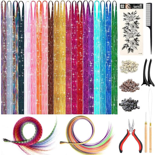 20 Colors Hair Tinsel with Hair Feathers & Colorful Hair Extensions, 48 Inch Sparkle Hair Glitter Strands with Colored Hair Feathers Extensions Kit for Women Girls Kids Party Festival