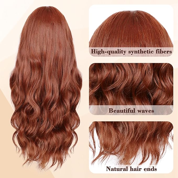 NAYOO Long Auburn Wavy Wig for Women 26 Inch Middle Part Lace Hairline Curly Wavy Wig Natural Looking Synthetic Heat Resistant Fiber Wig for Daily Party Use