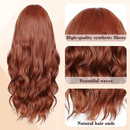 NAYOO Long Auburn Wavy Wig for Women 26 Inch Middle Part Lace Hairline Curly Wavy Wig Natural Looking Synthetic Heat Resistant Fiber Wig for Daily Party Use