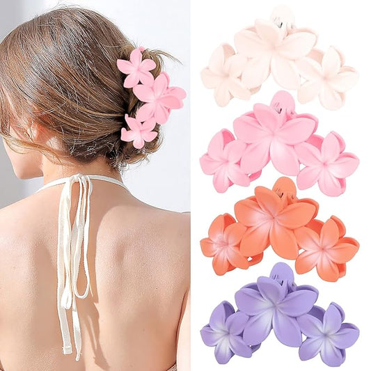 ANBALA 4PCS Flower Claw Hair Clips, Large Plumeria Hair Accessories for Women and Girls - Colorful Hawaiian Non-Slip Strong Hold Clips for Thick Hair