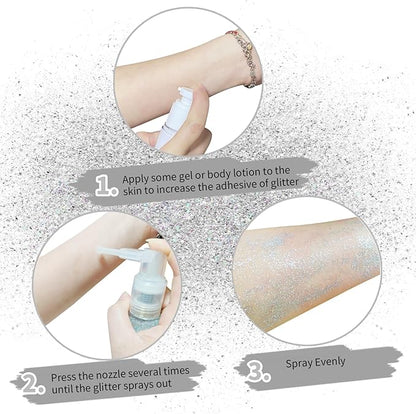 MEICOLY Silver Hair and Body Glitter Spray,Shinny Sparkle Glitter Spray for Clothes,Loose Shimmer Hairspray for Festival Rave Makeup/Stage Performance,Lightweight,25g/0.88OZ