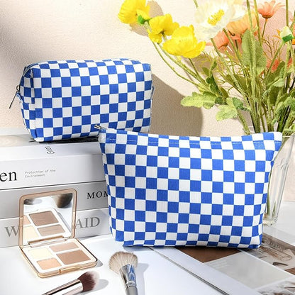 2 Pcs Checkered Makeup Bag Large Cosmetic Bag Toiletry Bag Makeup Pouch Travel Bag Organizer Cute Makeup Brushes Aesthetic Accessories Storage Bag for Women Royal Blue