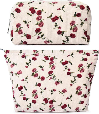 2 Pieces Rose Makeup Bag Large Corduroy Cosmetic Bag Capacity Canvas Mix Travel Toiletry Bag Organizer Cute Makeup Brushes Aesthetic Accessories Storage Bag for Women, Rose Mix White