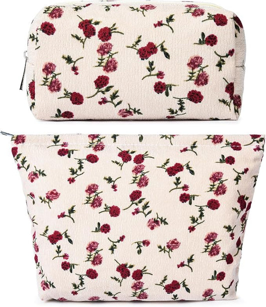 2 Pieces Rose Makeup Bag Large Corduroy Cosmetic Bag Capacity Canvas Mix Travel Toiletry Bag Organizer Cute Makeup Brushes Aesthetic Accessories Storage Bag for Women, Rose Mix White