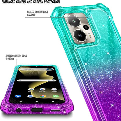 for Cricket Outlast 5G 2024 Case, AT&T Motivate Pro 5G with [Built-in Screen Protector], [9FT Military Grade Drop Tested] Full-Body Protective Shockproof Bumper Case (Glitter Aqua/Purple)