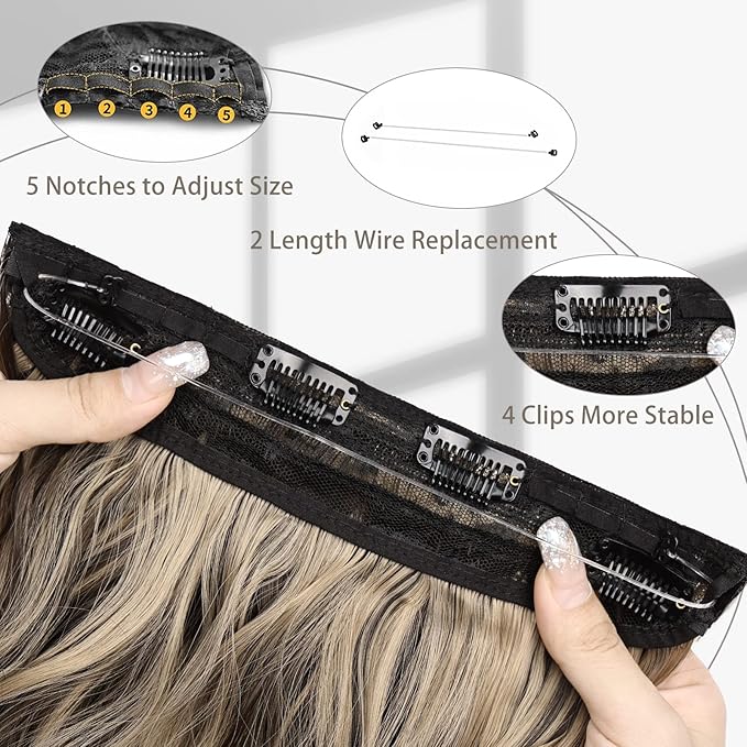 MORICA Invisible Wire Hair Extensions - 20 Inch Chocolate Brown Mix Ash Brown Long Wavy Synthetic Hairpiece with Transparent Wire Adjustable Size, 4 Secure Clips for Women