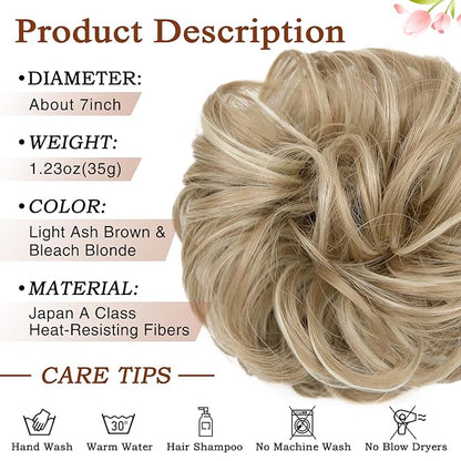 MORICA 1PCS Messy Hair Bun Hair Scrunchies Extension Curly Wavy Messy Bun Hair Synthetic Chignon Hairpieces for Women(16H613(Light Ash Brown & Bleach Blonde))