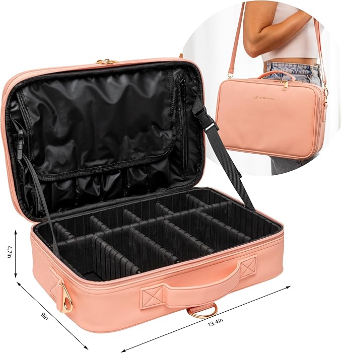 (Not Made In China) 2 Pack, Makeup Train Case, Cosmetic Travel Organizer For Professional Beauty Artist, Portable Storage Bag W/Adjustable Dividers For Jewelry and Brushes (Pink, Large)