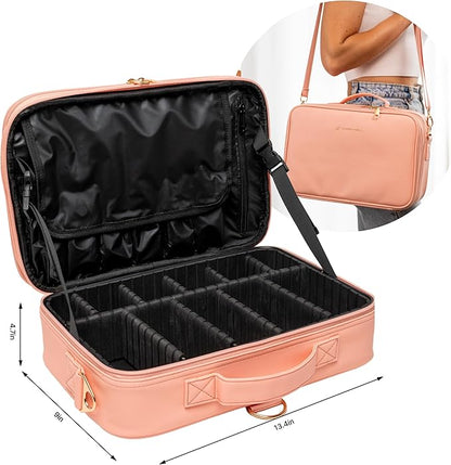 (Not Made In China) Makeup Train Case, Cosmetic Organizer Bag, Travel Make Up Storage With Adjustable Dividers For Cosmetics, Jewelry, Fragrance, Nail Polish and Brushes (1, Pink, Large)