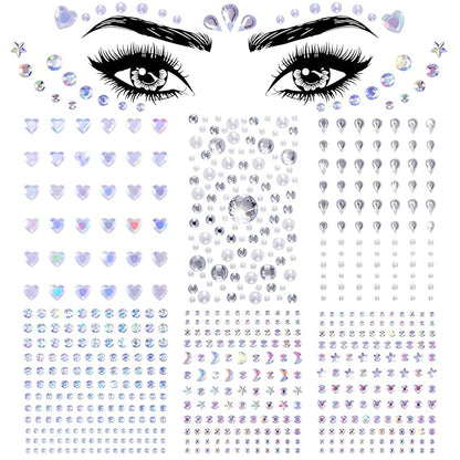 OIIKI 6 Sheets Face Gems - Heart Jewelry Eye Stickers, Acrylic Crystal Moon Face Eyes, Halloween Round Rhinestones Body Makeup Stickers, 6 Styles Jewels Tattoos for Women, Girls