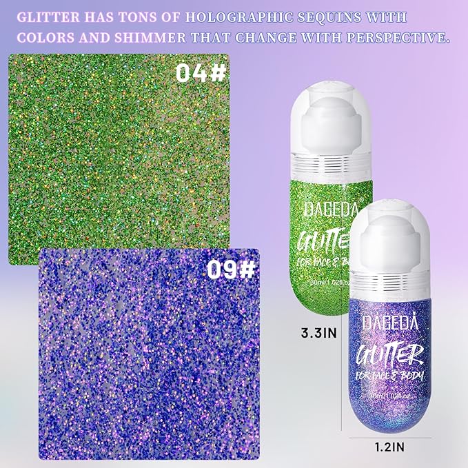 DAGEDA 2Colors Roll-on Body Glitter Gel for Body, Hair, Face, Holographic Glitter Makeup for Rave Accessories, Body Shimmer for Halloween Makeup(Green + Purple)